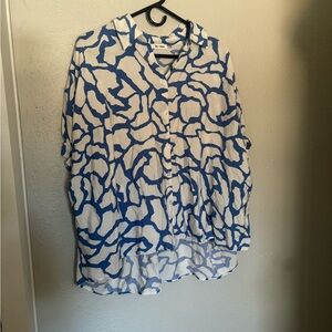 LAST CALL - Size S Oversized Blue and White Abstract Print Button-Up Blouse